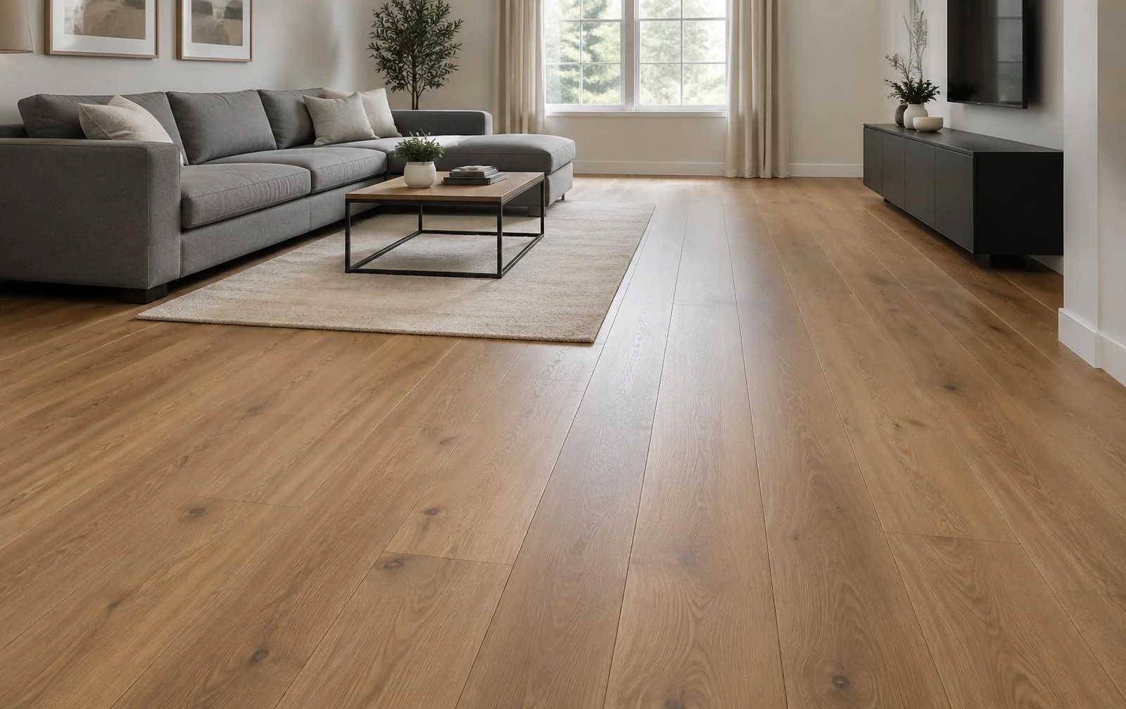 Piso laminado tom carvalho natural instalado em sala de estar em Jaú
