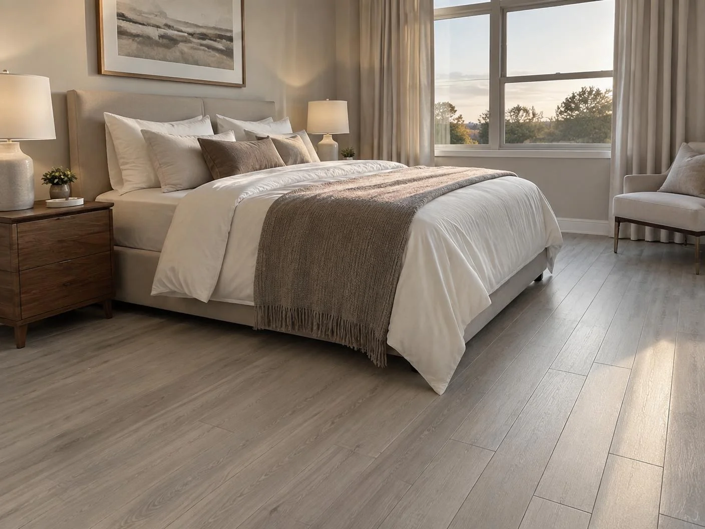 Piso laminado tom claro acinzentado instalado em quarto de casal em Jaú