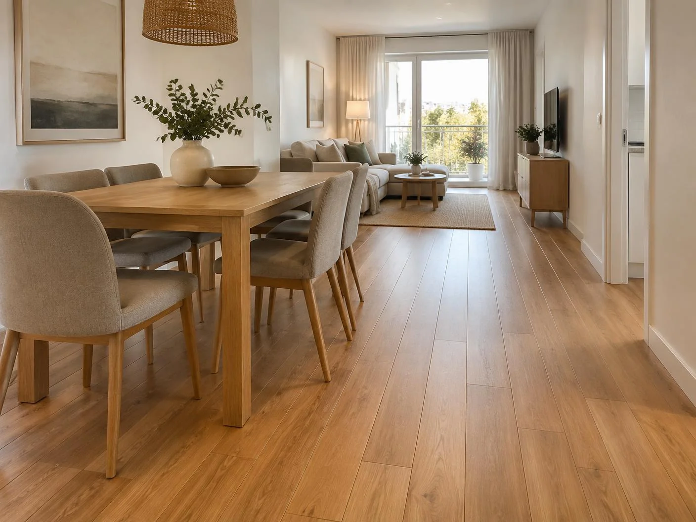 Piso laminado tom mel contínuo em apartamento compacto em Jaú